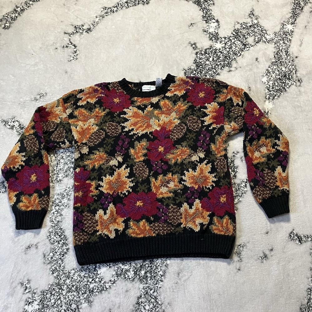 Mark Fore Strike‎ Sweater Womens Size Large Black Floral Hand Knitted Colorful
